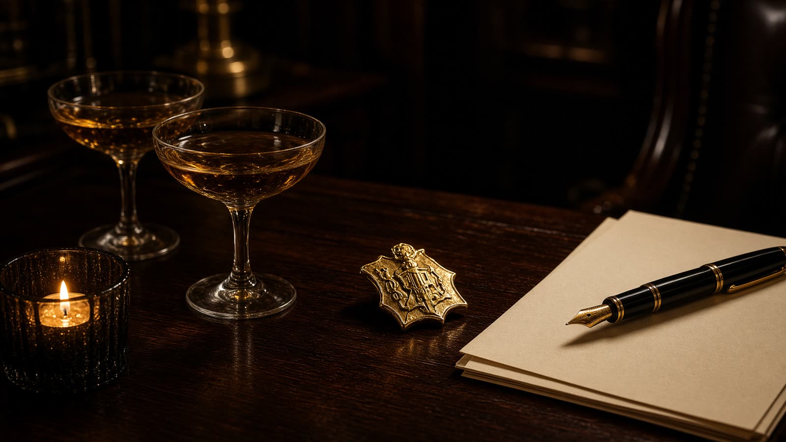Private club desk, gold pin, evening light